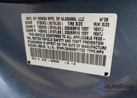 2008 Honda Odyssey Ex z USA, uszkodzony, nr VIN 5FNRL38468B071725